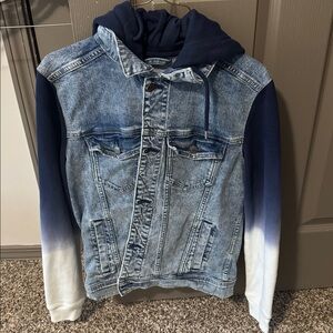 Hollister Blue and White Denim Jacket with Hoodie